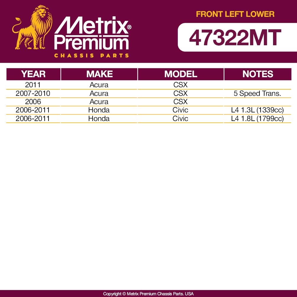 Metrix Premium Chassis Parts - Front Left Lower Control Arm W Ball Joint & Bushing Assembly Fits 2006-2011 Acura Csx, 2006-2011