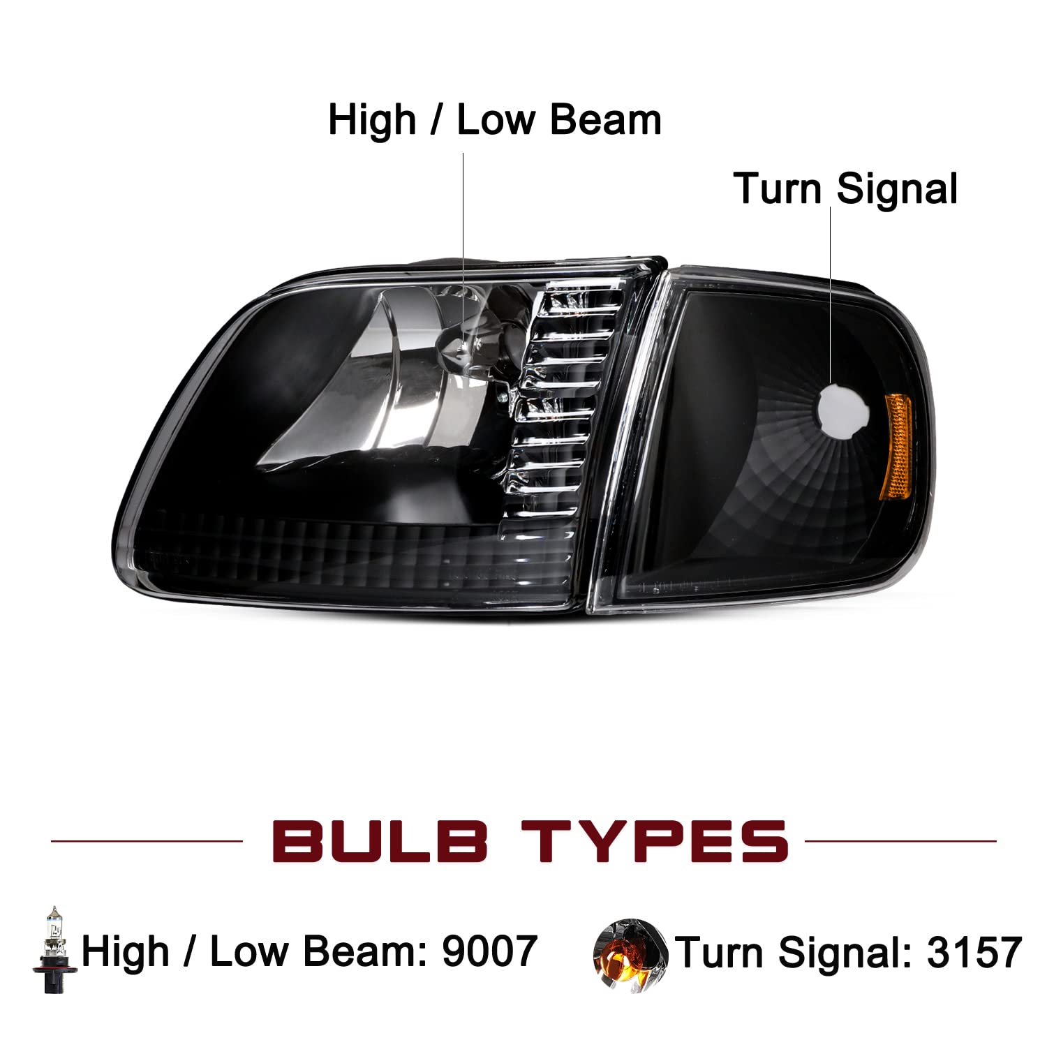 Jsboyat Headlight Assembly W/Bulbs Compatible With 97-03 Ford F-150, 04 Ford F150 Heritage, 97-02 Ford Expedition, 97-99 F250 Headlamp With Corner Light 4Pcs, Black Housing With Amber Reflector