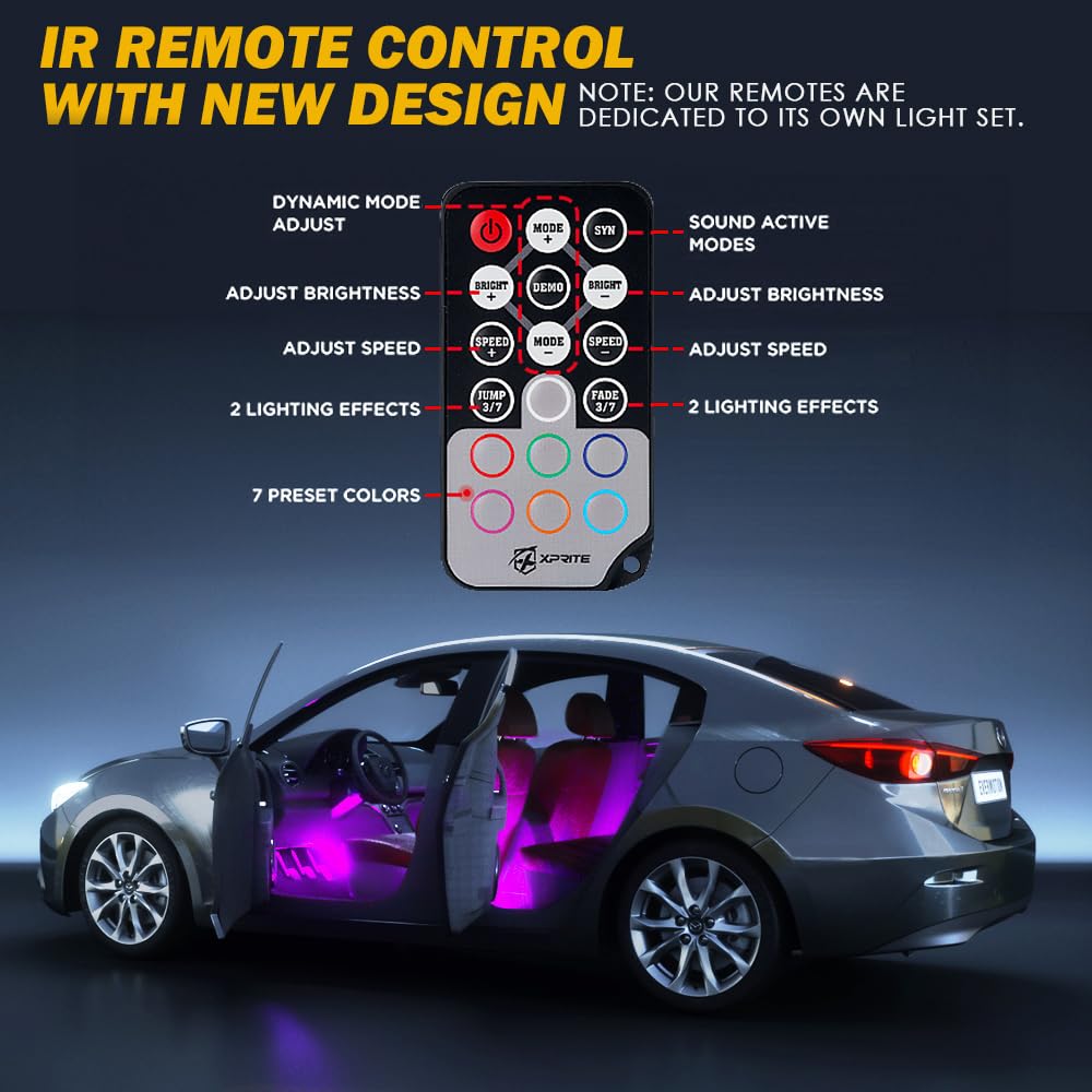 Xprite Rgb Led Car Interior Bluetooth Light Strips W/Remote & Control Box, Silicone Sealed, Under Dash Footwell Lights Kit W/Cig