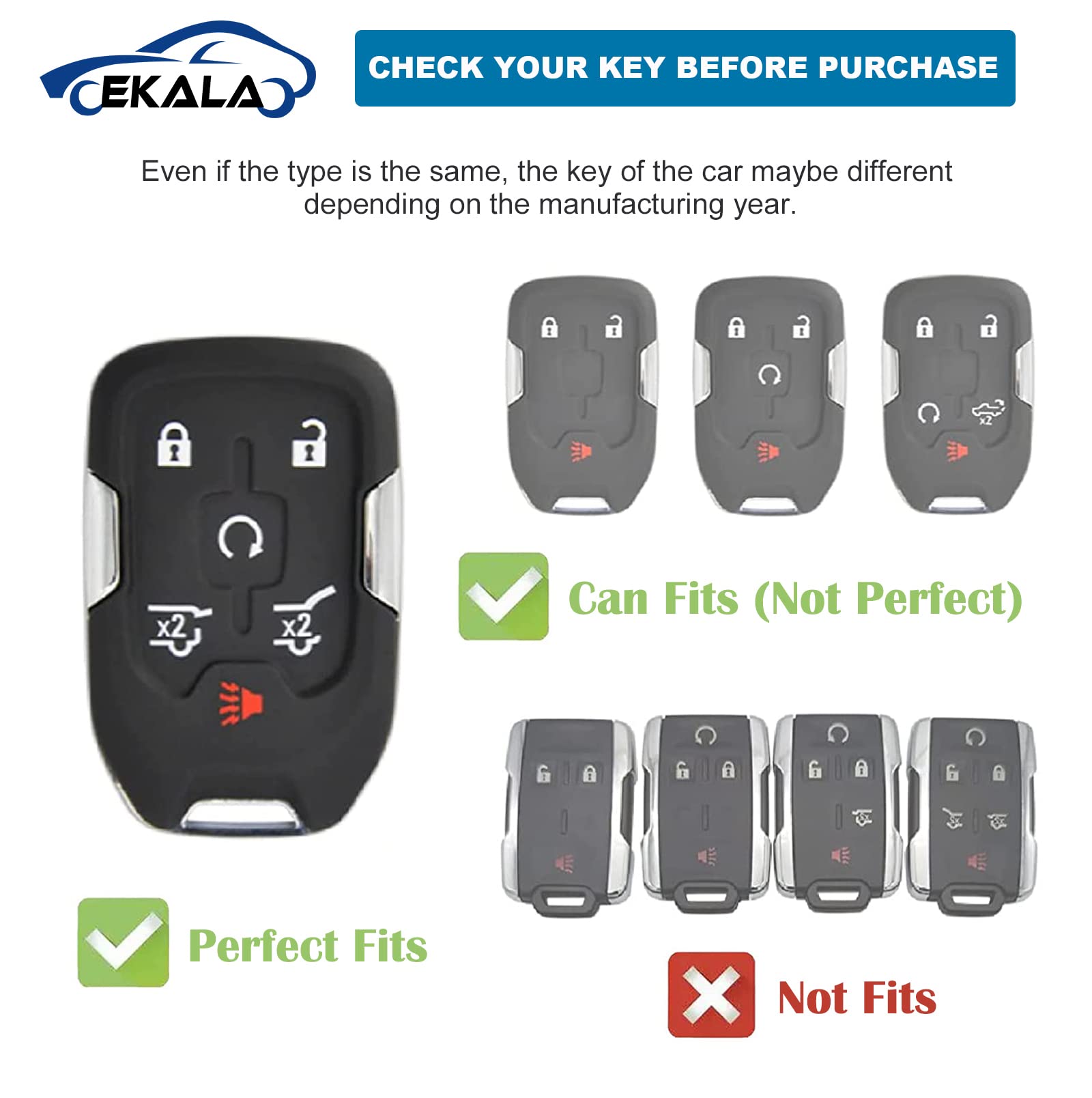 EKALA for GMC Key Fob Cover with Leather Key Fob Keychain, 6 Buttons Soft TPU Keys Shells White Key Fob Cover Compatible with GM