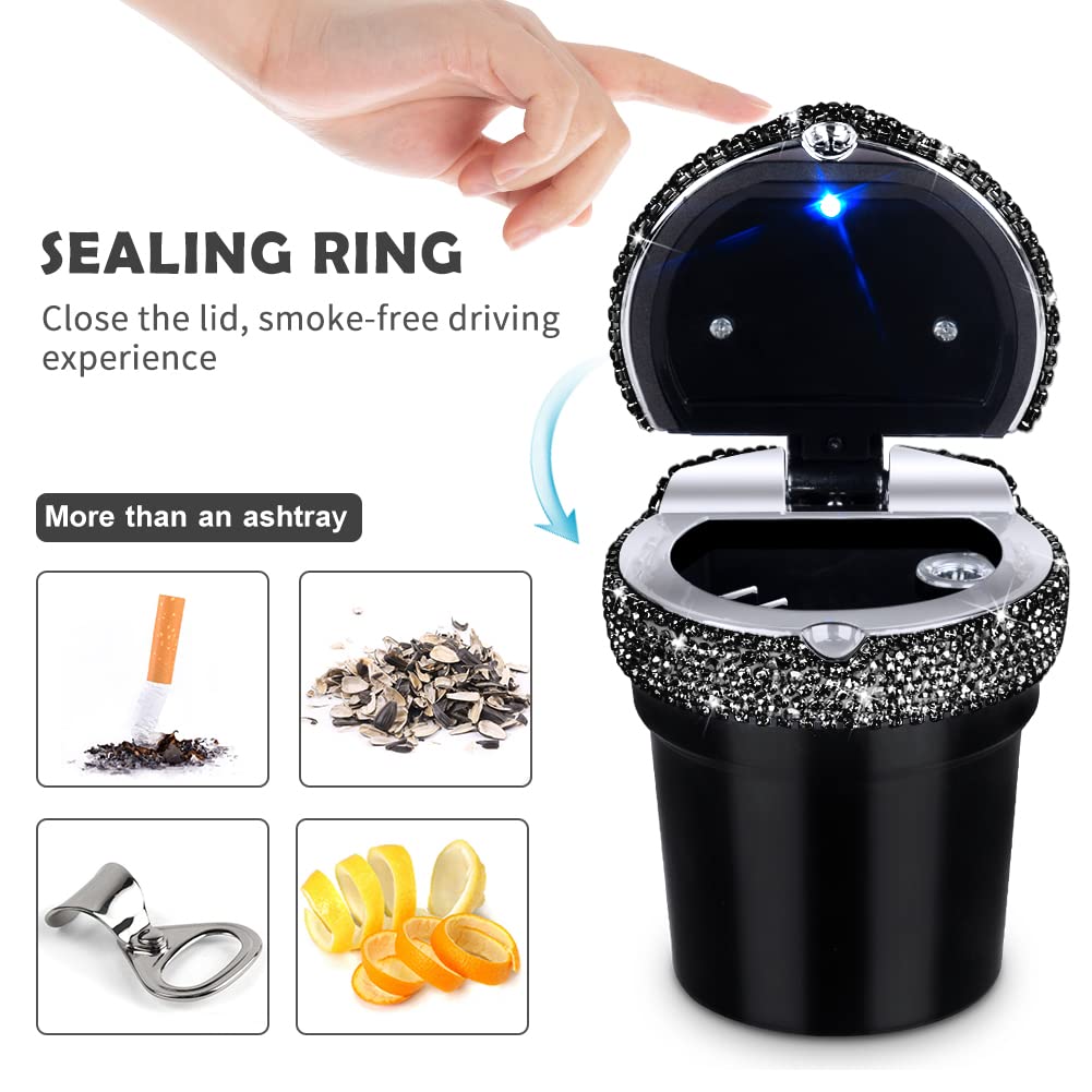 Eing Car Ashtray Portable Cigarette Smokeless Cylinder Cup Holder With Blue Led Light Indicator And 2 Replacement Batteries,Car