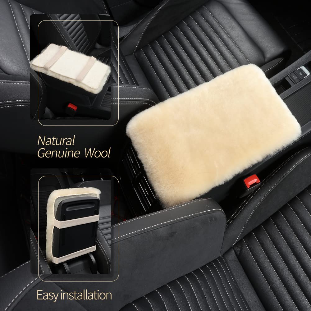 Iriwool Sheepskin Armrest Cover Auto Center Armrest Cover Car Soft Console Pad, Fluffy Wool Auto Center Console Cover For Most Car Arm Rest Decoration Protector 7 X 13 Inch (Shearling, Ivory White)