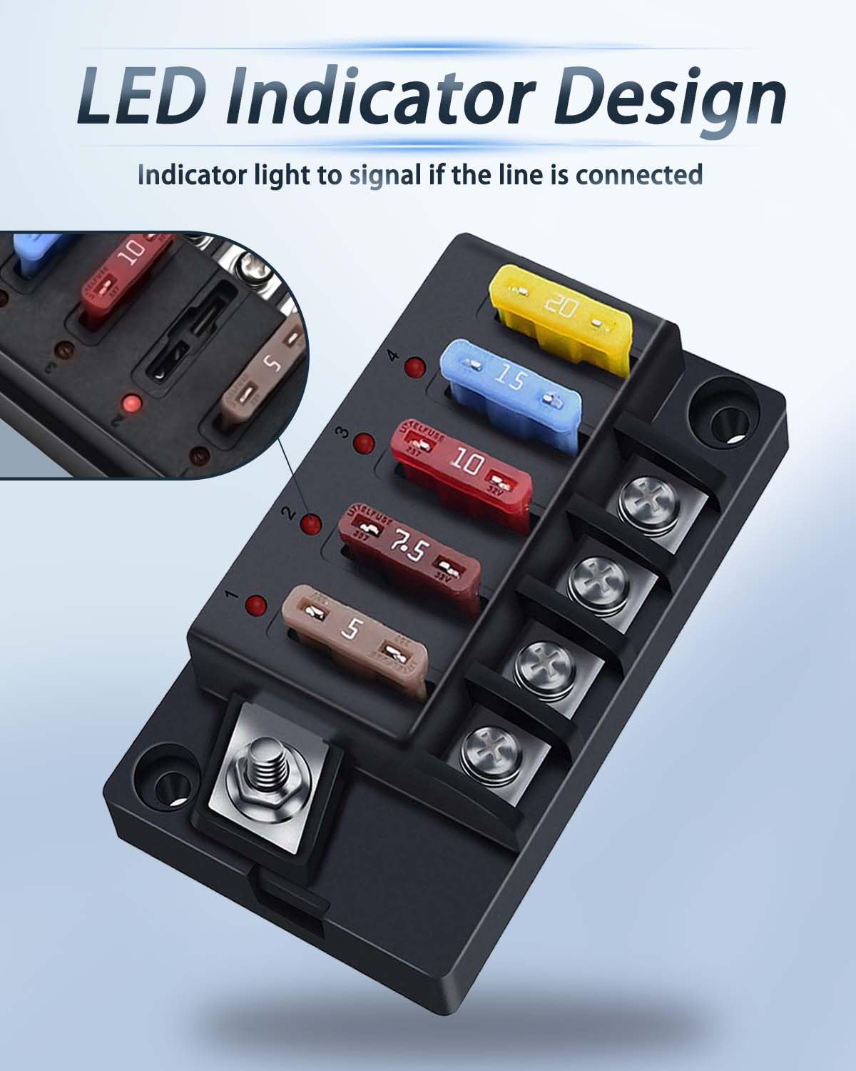 YEZriler 12V Fuse Block, 4 Circuits Waterproof Marine Fuse Panel Relay Box Kit with LED Indicator Damp-Proof Cover, 12 Volt Fuse