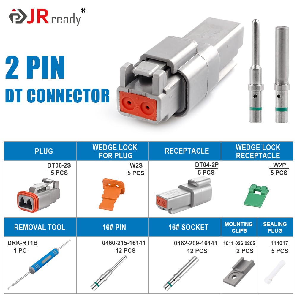 Jrready Deutsch Connector 2 Pin Connector Kits With Size 16 Solid Contacts(14-20Awg), St6328-2 Dt Series Waterproof Connector 2 Pin 5 Sets And Deutsch Pin Removal Tool Drk-Rt1B With Mounting Clips