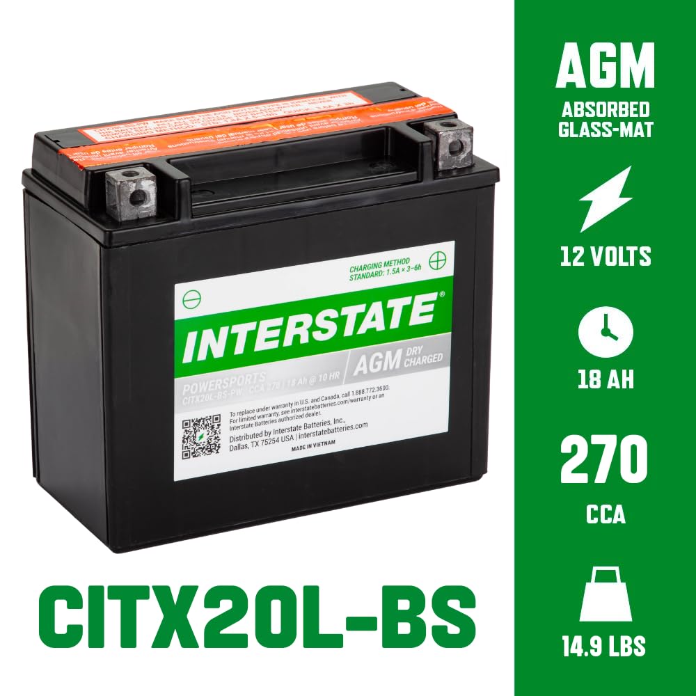 Interstate Batteries Ytx20Hl-Bs 12V 18Ah Powersports Battery 270Cca High-Performance Agm Rechargeable Replacement For Motorcycle