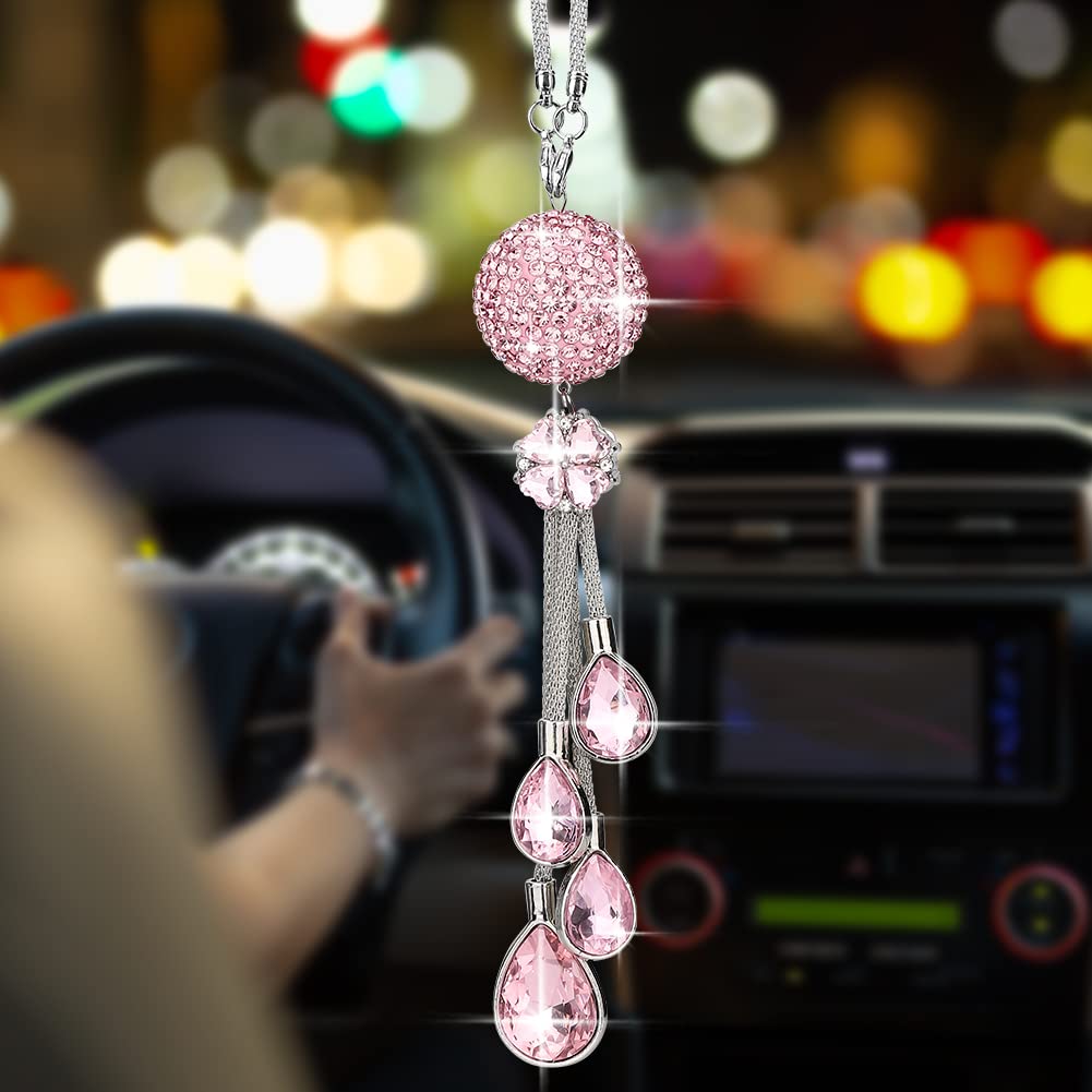 Otostar Bling Crystal Ball And Drops Car Hanging Accessories, Car Rear View Mirror Pendant Charms Interior Sun Catcher Ornament, Bling Car Accessories For Women Girls (Pink)