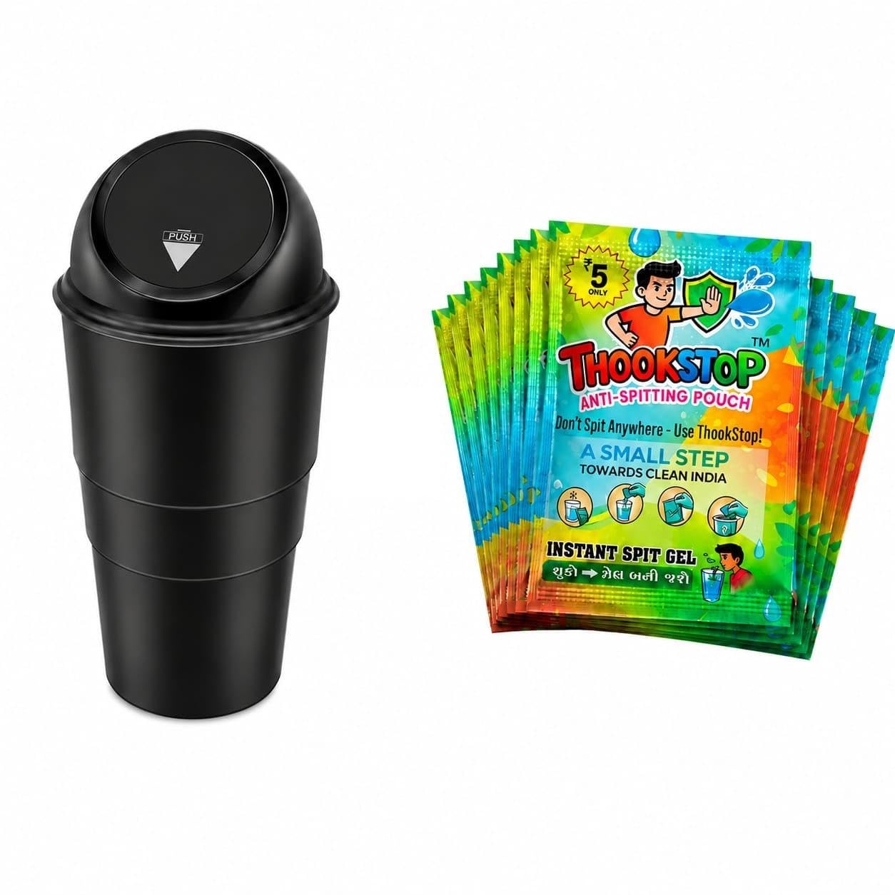 Car Dustbin with FREE 60 ThookStop AntiSpitting Pouches | Leak Proof Push Lid Car Trash Bin | Portable Vehicle Garbage Can for 