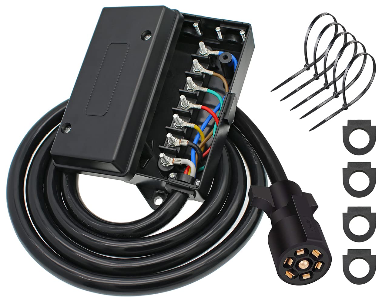 7 Pin Trailer Plug Wiring Harness (6ft) with 7 Gang Waterproof Junction Box, Heavy Duty 7 Way RV Trailer Replacement Wiring Harn