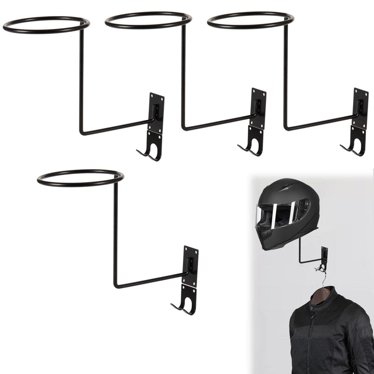 Rarayc 4Pcs Helmet Holder With 4 Hooks Helmet Hanger Metal Wall Mounted For Hats, Coats, Jacket, Basketball, Bike Helmet Holder