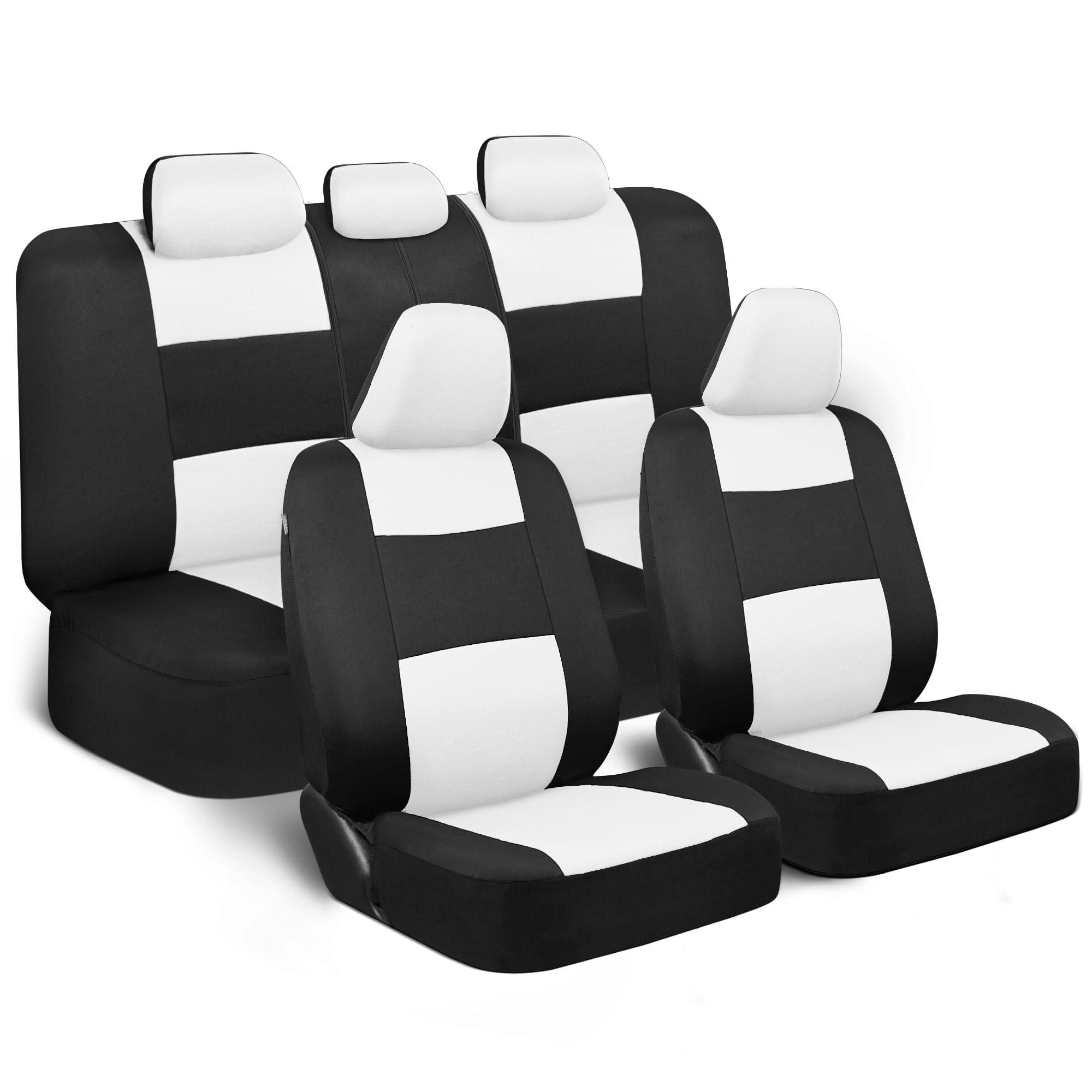 BDK PolyPro Car Seat Covers Full Set in White on Black, Front and Rear Split Bench Seat Covers for Cars, Easy to Install Car Sea