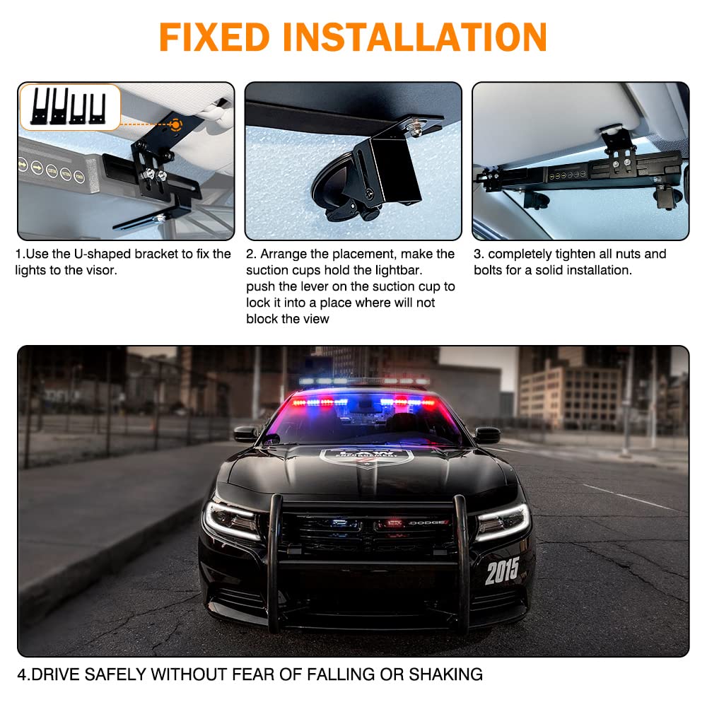 Xprite Red Blue Led Dual Visor Strobe Light Bar, Windshield Sunvisor Emergency Safety Warning Police Traffic Advisor Flashing Lightbars W/Suction Cup For Volunteer Firefighter Pov Vehicles Trucks