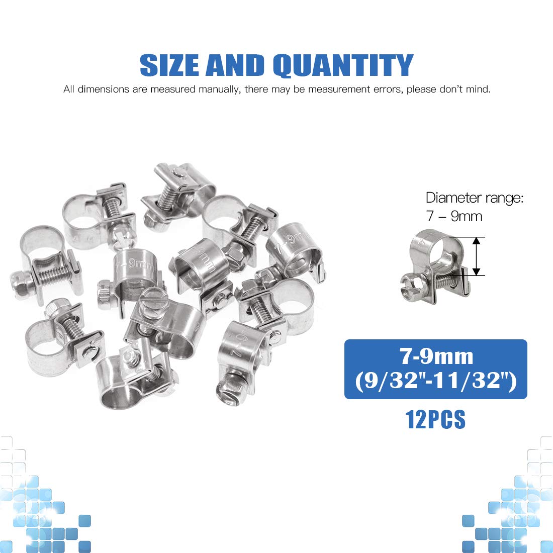 Glarks 12Pack 7-9Mm Stainless Steel Mini Fuel Injection Hose Clamps Adjustable Pipe Hose Clip Tube Clamps Set (9/32''-11/32'' Di