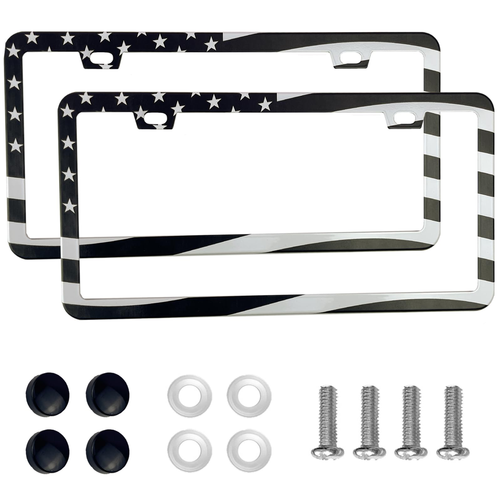 2Pcs Premium American Flag License Plate Frame, Black License Plate Frames, 2 Holes Solid Stainless Steel License Plate Holder,