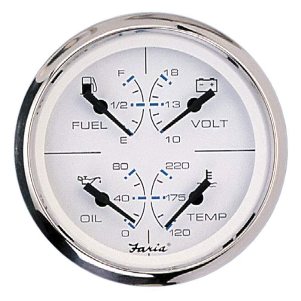 Faria Beede 33851 Chesapeake Stainless Steel Multifunction Fuel Level/Oil PSI (80 PSI)/Water Temp (100-250°F)/Voltmeter (10-16 VDC) - 4', White