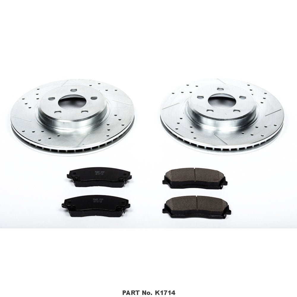 Power Stop K1714 Front Z23 Carbon Fiber Brake Pads With Drilled And Slotted Brake Rotors Kit For Chrysler 300 | Dodge Challenger