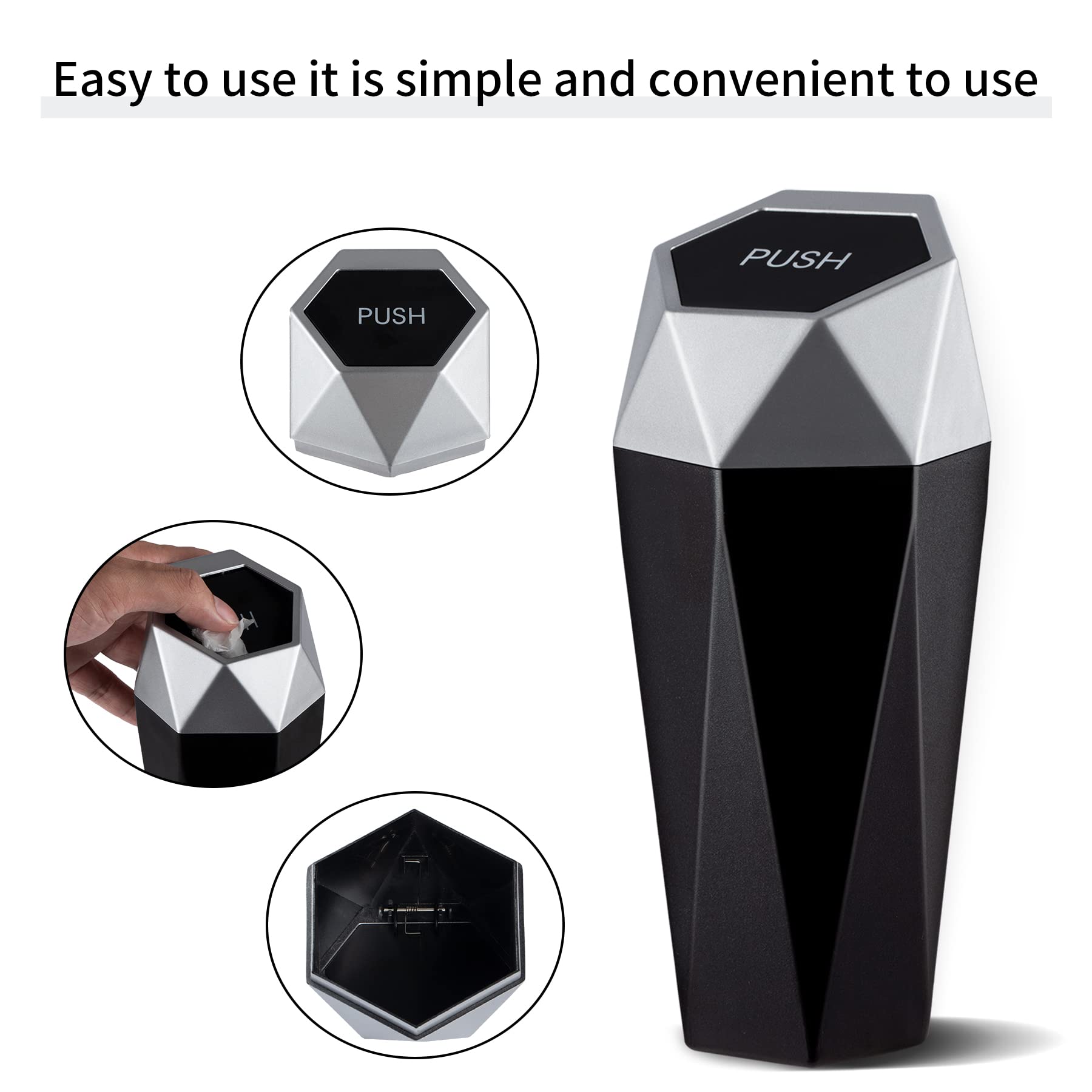 Justtop Car Trash Can With Lid, Diamond Design Small Automatic Portable Trash Can, Easy To Clean, Used In Car Home Office (Silve