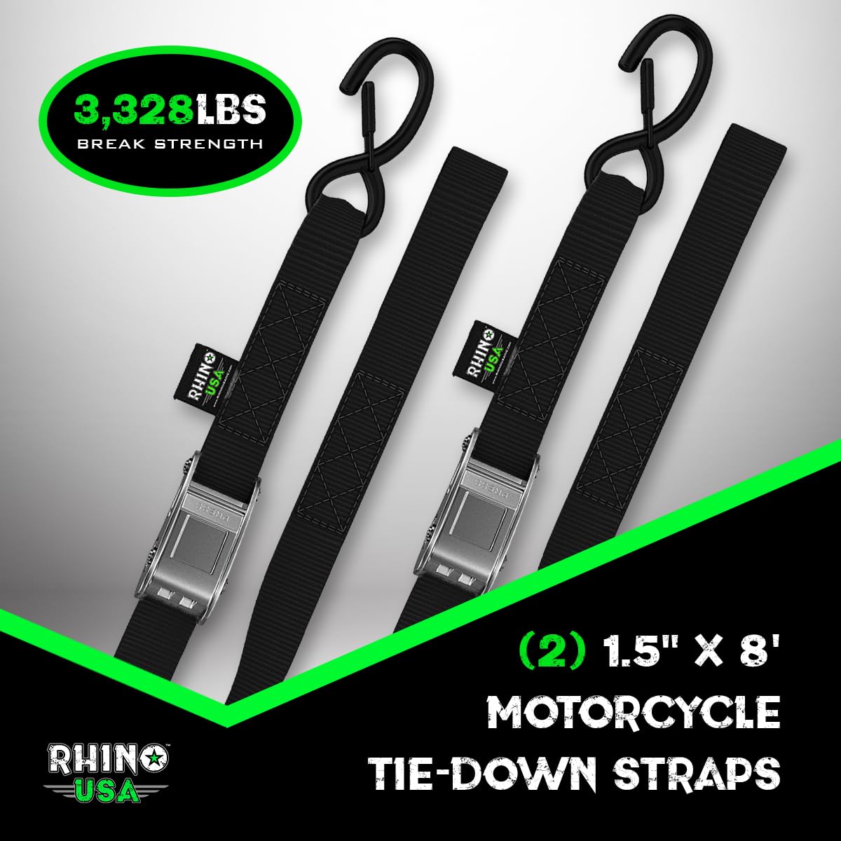 Rhino Usa Motorcycle Tie Down Straps (2 Pack) Lab Inspected 3,328Lb Break Strength, Steel Cambuckle Tiedown Set With Integrated Soft Loops - Better Than A Ratchet Strap (Black 2-Pack)