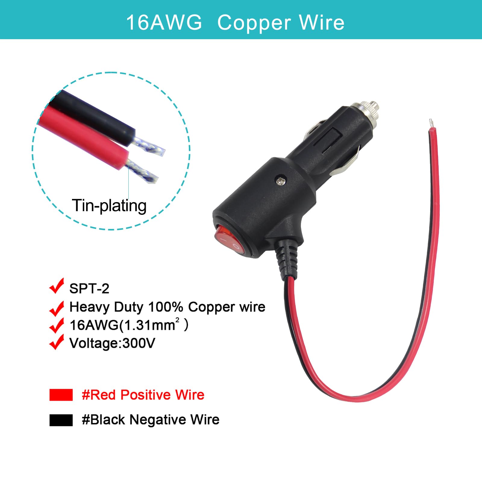 [2PACK] 12V Fused Replacement Cigarette Lighter Male Plug With On/Off Switch - 1FT 12Volt 15amp With Leads and LED Lights, 16AWG