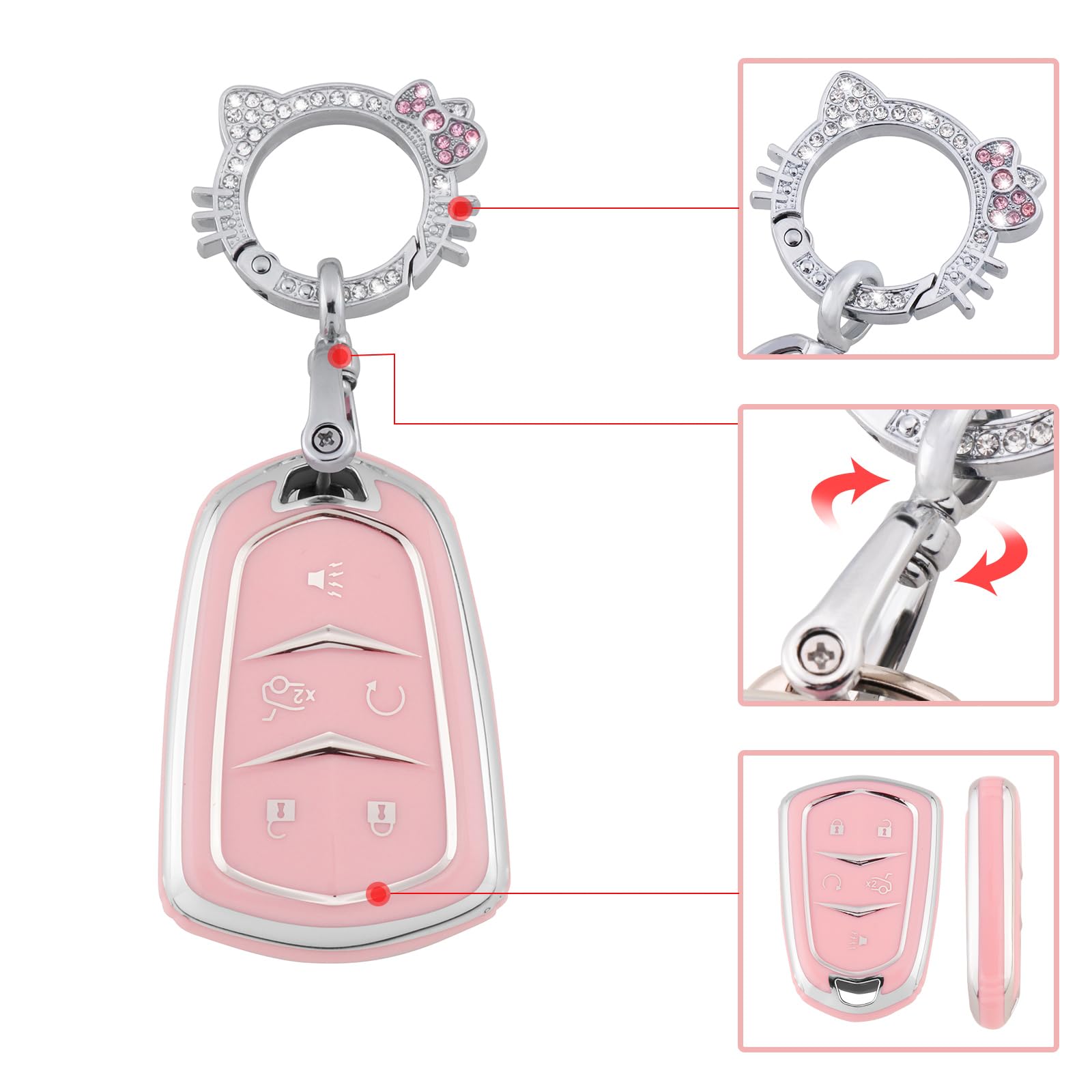 Pangpai Pink Key Fob Cover for Cadillac, Soft TPU Key Case Protection with Bling Keychain Fit for Cadillac Escalade CTS SRX XT5