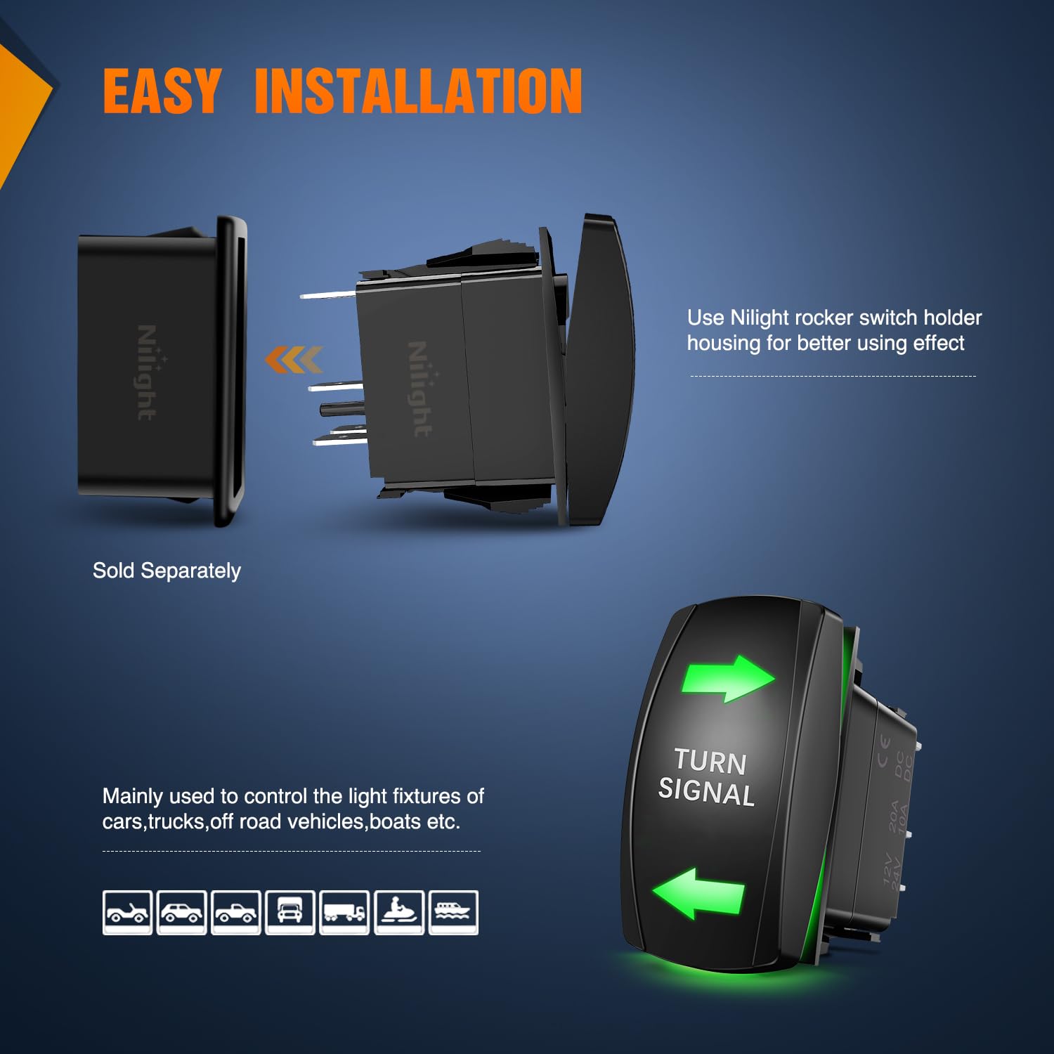 Nilight Turn Signal Switch Green 4Pin On Off On Rocker Switch Laser Etched Spdt Toggle Switches 12V 20A 24V 10A Jumper Wires For