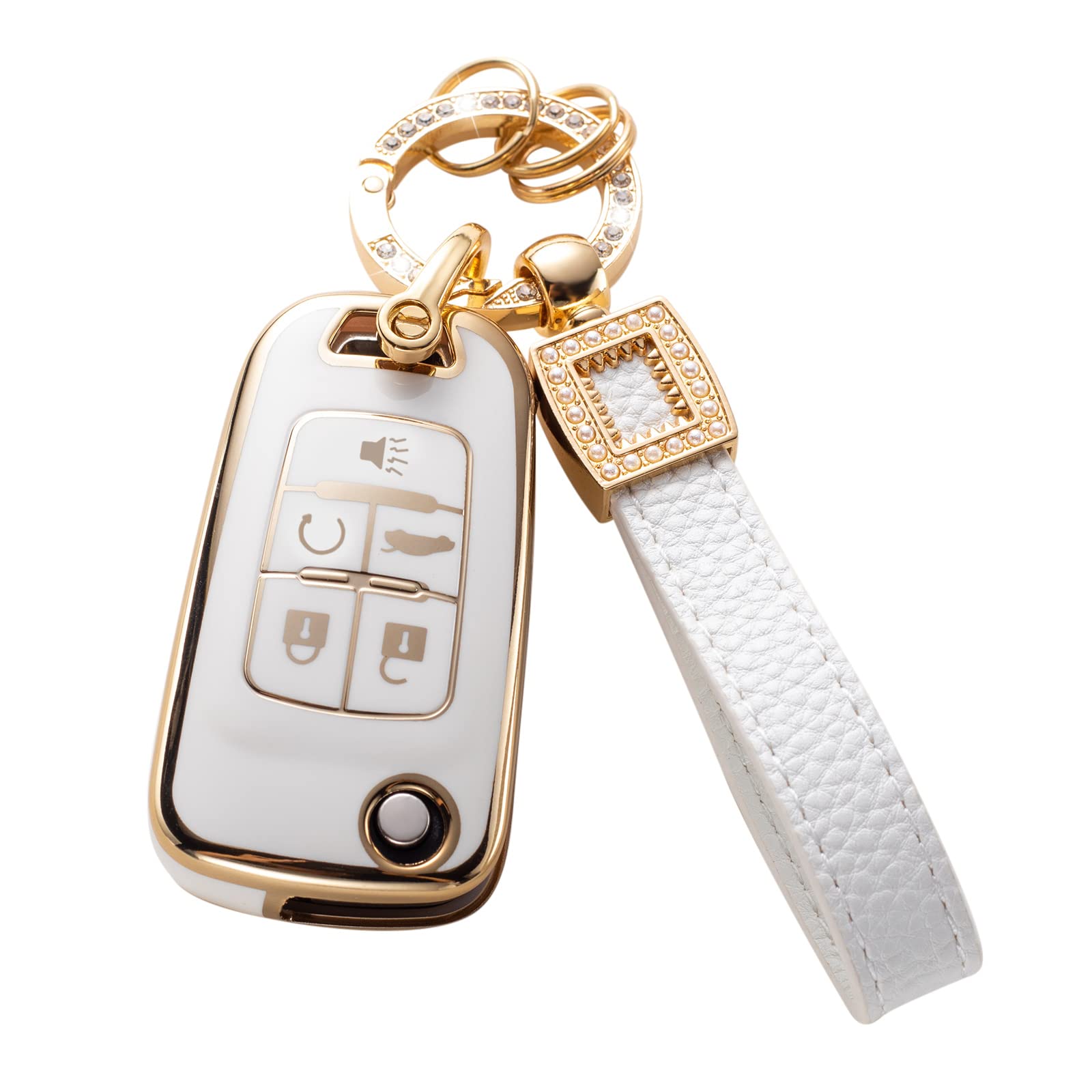 CACARLIKE for Chevy Key Fob Cover with Leather Lanyard, Car Key Fob Case Compatible with Chevrolet Equinox Camaro Cruze Malibu S