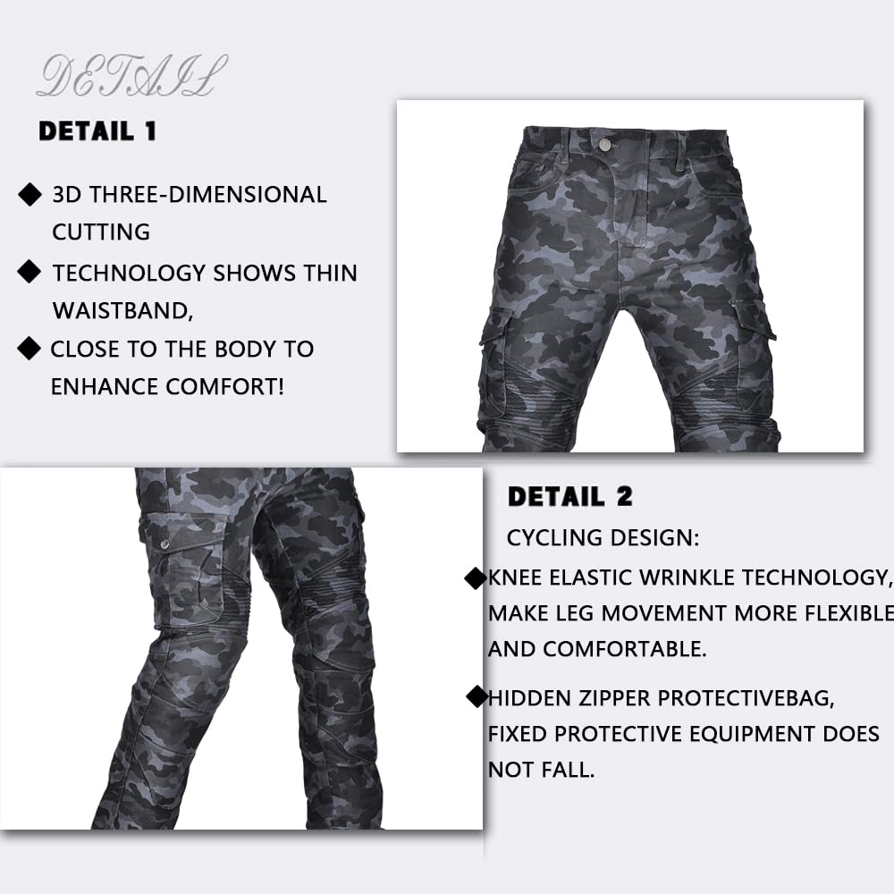 LOMENG Motorcycle Riding Jeans Biker Motorbike Pants with CE Removable Armored for Men Camouflage