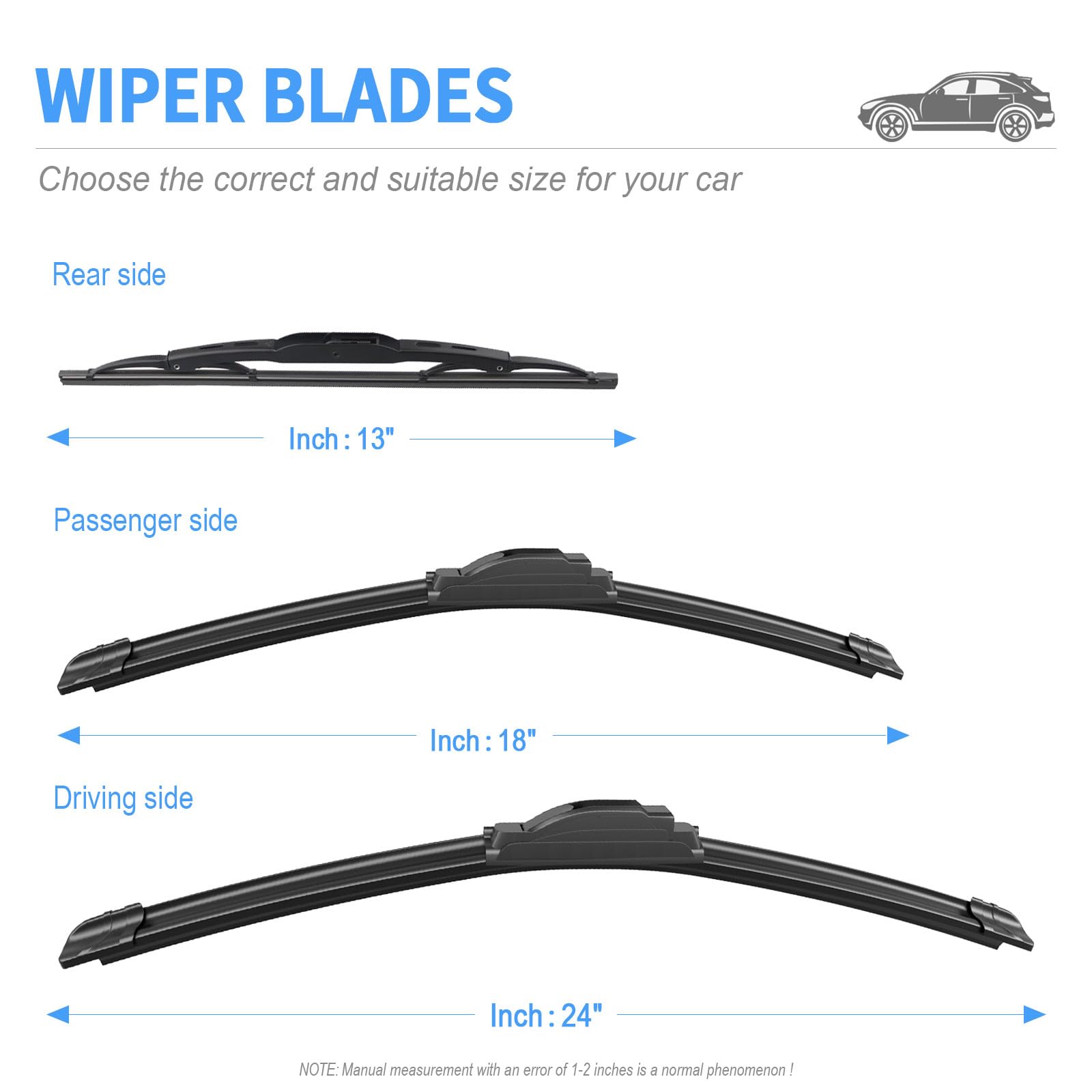 Gavimnal 24''+18''+13'' Silicone Wiper Blades Replacement For Chevrolet Equinox 2018-2021,All-Season Front Rear Windshield Wiper