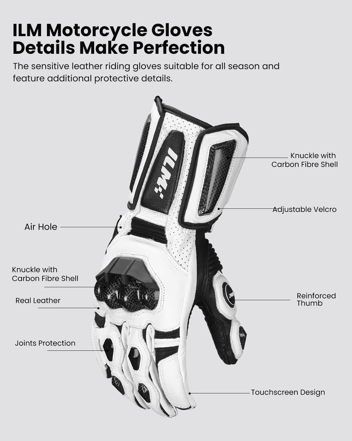 Ilm Air Flow Leather Motorcycle Gloves For Men And Women Model-Grc01L (Xl, White-Long)