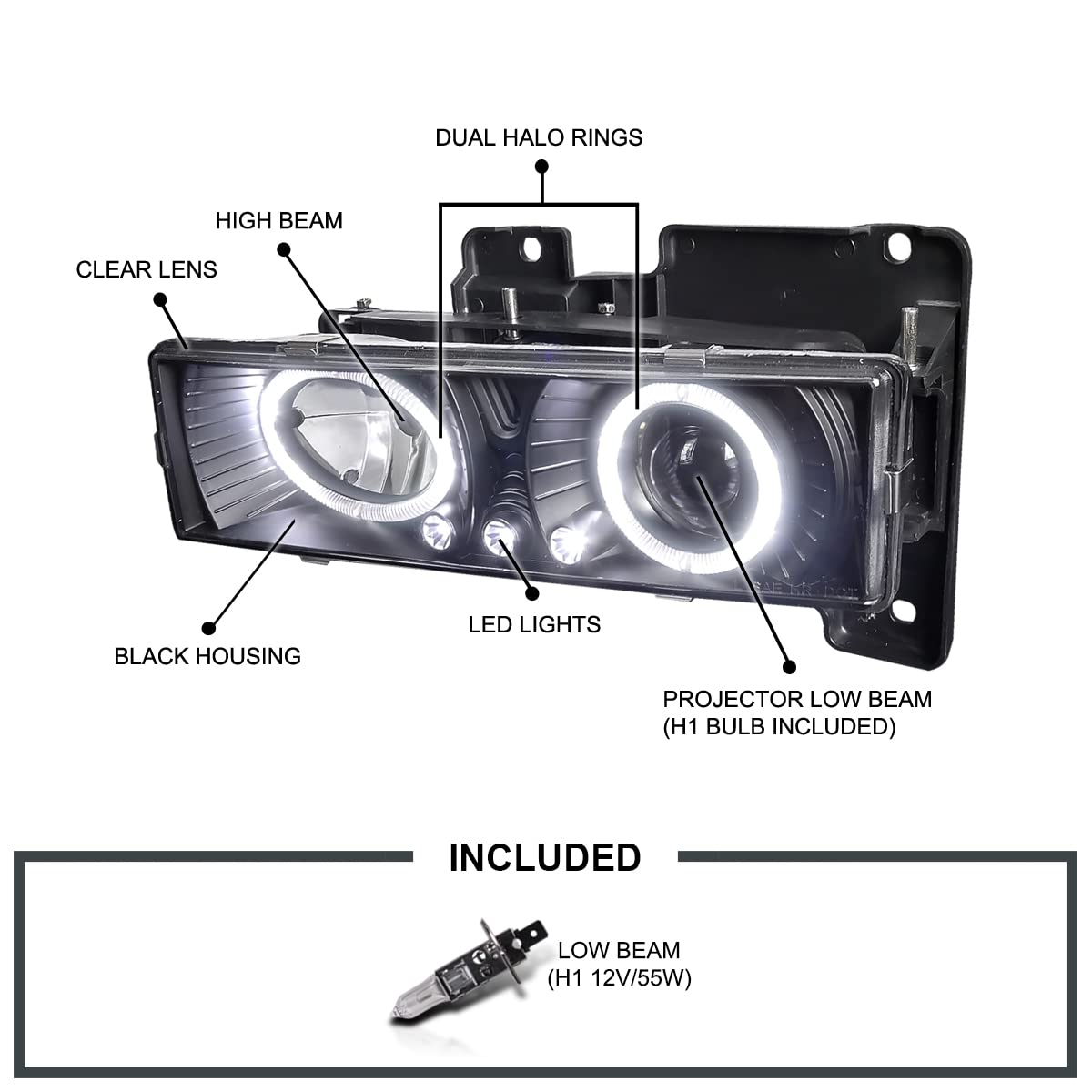 Spec-D Tuning LED Halo Black Housing Clear Lens Projector Headlights Compatible with 1988-1998 Chevy/GMC C10 Pickup, C/K, Sierra, Silverado, Yukon, Suburban,Tahoe Left + Right Pair Headlamps Assembly