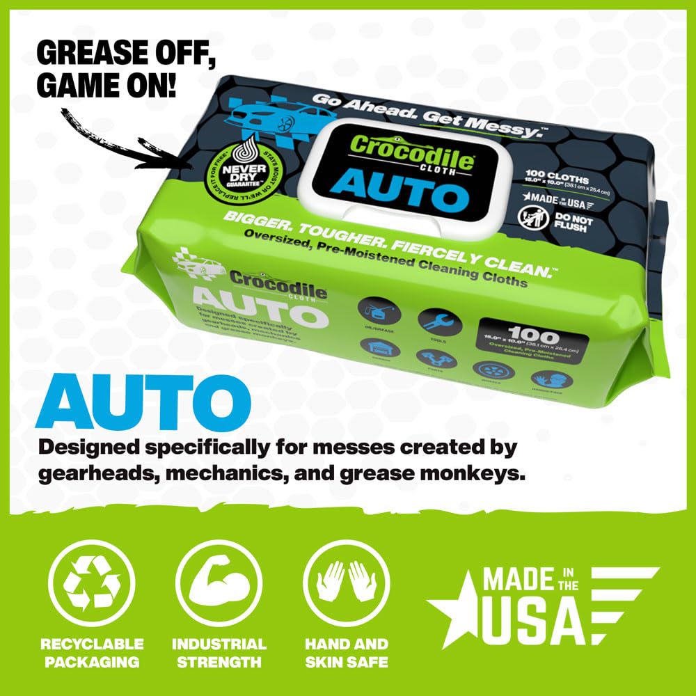 Crocodile Cloth Auto Cleaning Wipes - Car Engine Degreaser, Body Detailing, Tires Cloth Wipes - Cut Through Grease, Oil, And Adh