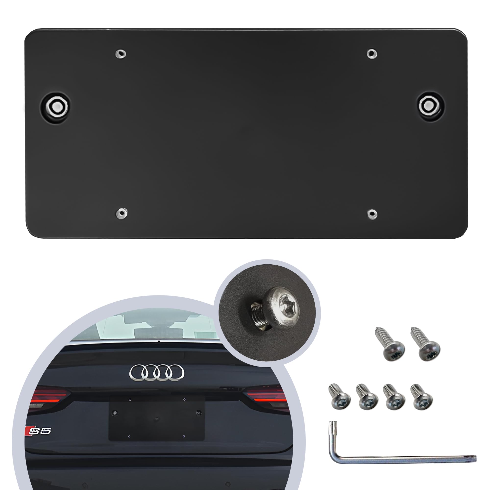 Rear Bumper License Plate Bracket For Audi A5 S5 Rs5 2008-2023, Plate Holder Set W 8 Unique Screw Bolts & Wrench Kit, License Tag Mounting Kit, Quality Plate Holders, Premium Car Accessories