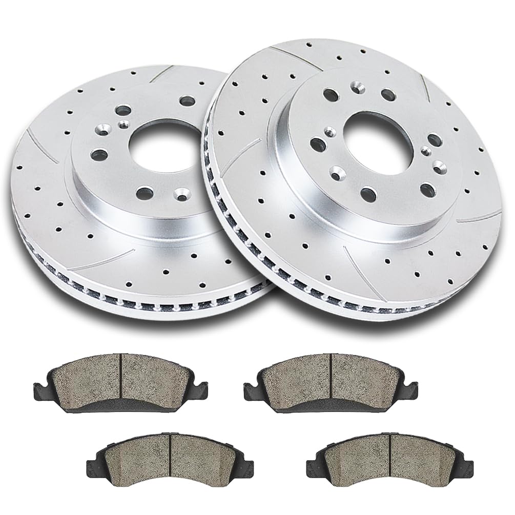 Front Brake Kit, Drilled and Slotted Brake Rotors Ceramic Brake Pads for Cadillac Escalade Chevy Silverado 1500 Tahoe GMC Yukon