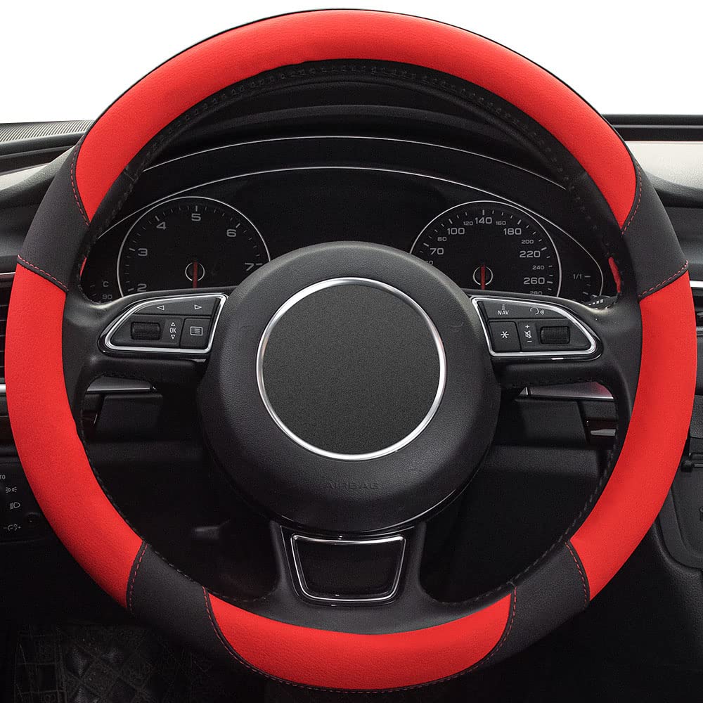 Xizopucy Red Steering Wheel Cover With Microfiber Leather For Car Truck Suv, Anti-Slip Steering Wheel Cover 15 Inchs