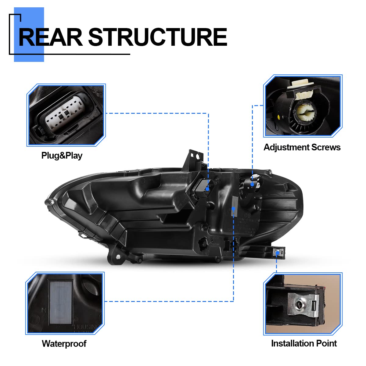 Roxx Headlights Compatible With 2018 2019 2020 2021 2022 2023 Ford Mustang, Projector Front Lamp Assembly W/Drl High Low Beam Reflector Passenger Driver Pair