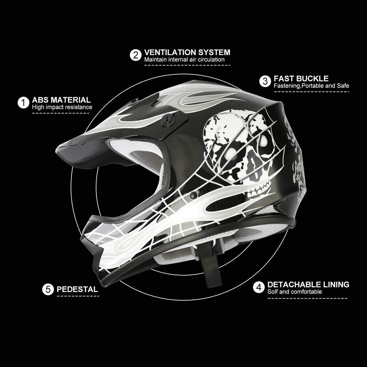 Slmoto Youth Kids Motocross Offroad Street Helmet Motorcycle Helmet Dirt Bike Atv Dot Approved Black Skull Helmet+Goggles+Gloves