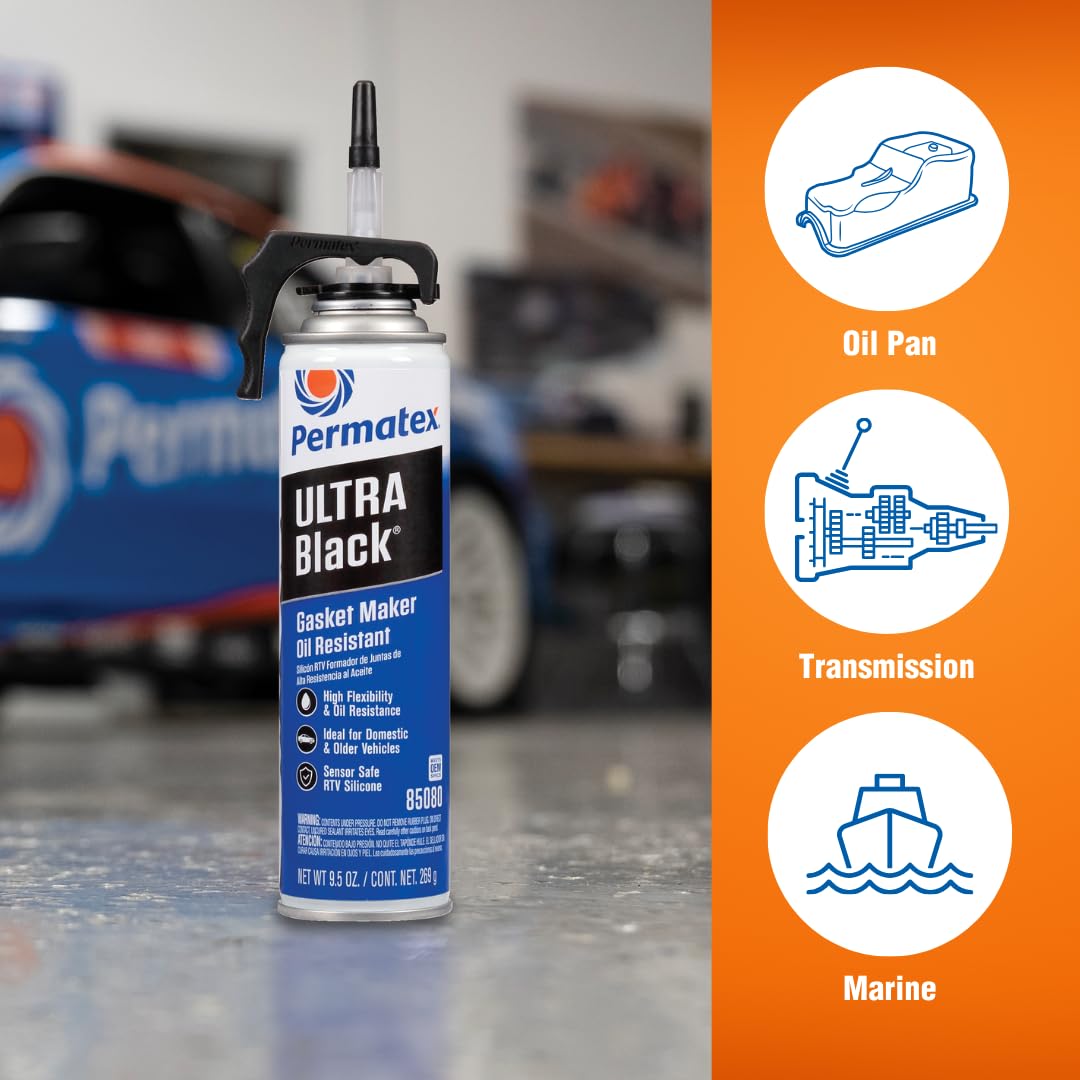 Permatex 85080 Ultra Black Maximum Oil Resistance Rtv Silicone Gasket Maker, Sensor Safe And Non-Corrosive, For High Flex And Oil Resistant Applications 9.5 Oz