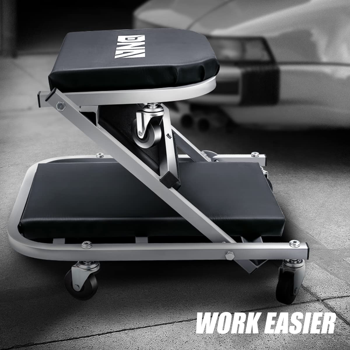 Dna Motoring Tools-00187 40 Inches 2 In 1 Rolling Folding Car Creeper/Seat, 6 Pcs 2'' Casters, 150Kg Weight Capacity, Gray