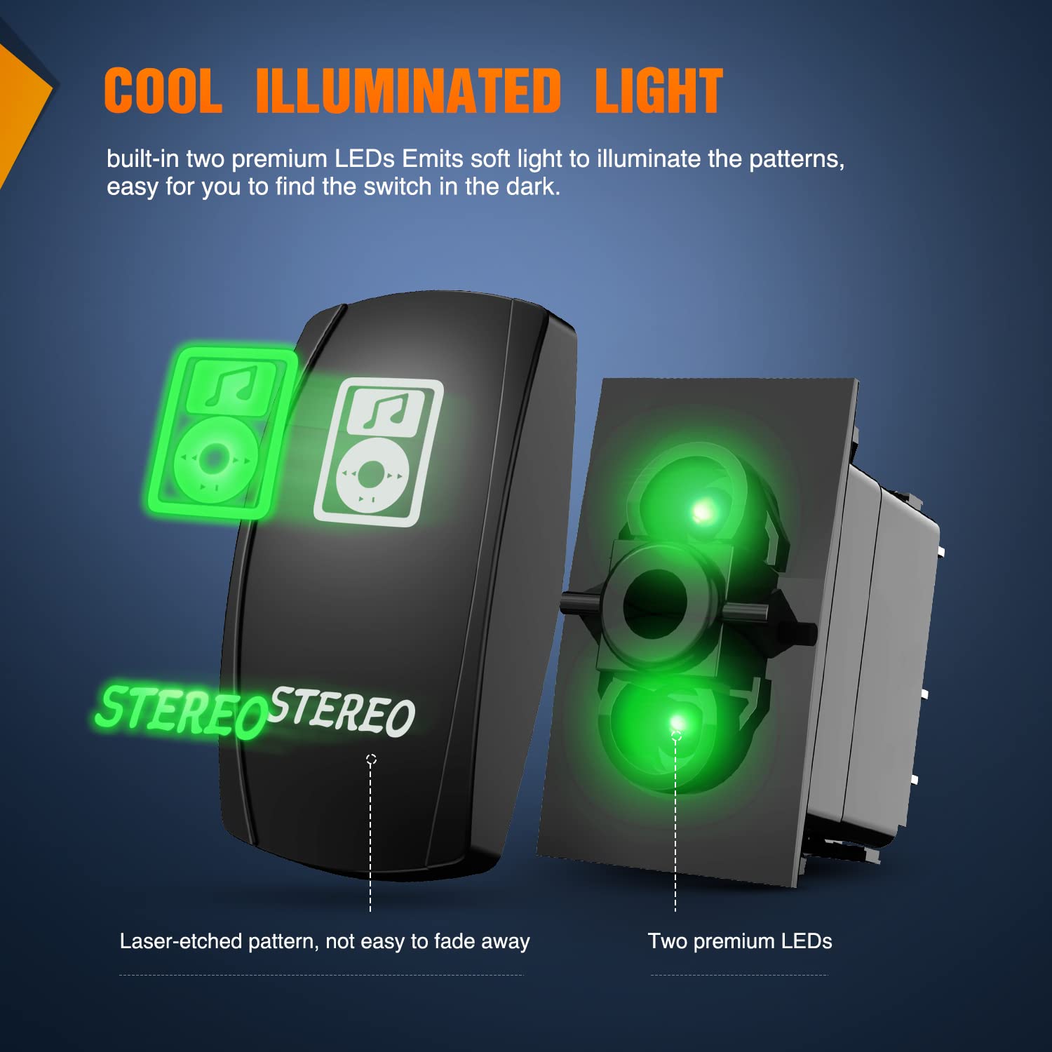 Nilight Stereo Rocker Switch Led Light Bar 5Pin Laser On Off SPST switches 20A/12V 10A/24V Green with Jumper Wires Set for Cars