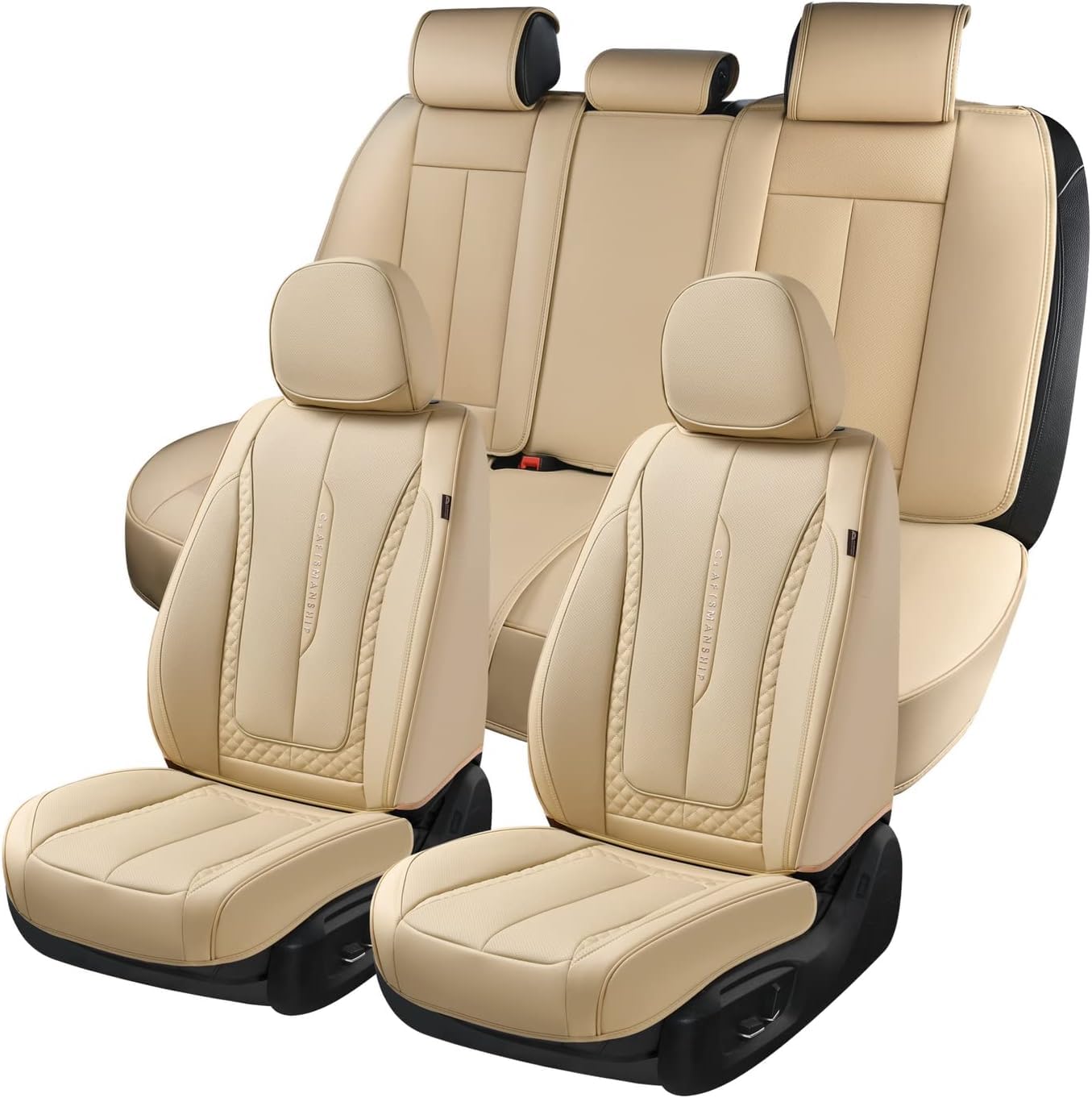 Coverado Car Seat Cover Full Set, Beige Seat Covers Front Seats Back Seat Covers, Nappa Leather Waterproof, Car Seat Cushion, Ca