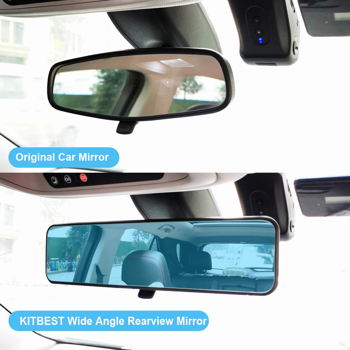 Kitbest Rear View Mirror, Universal 11.4 Inch Interior Clip On Rearview Mirror, Anti Glare Blue Tint Wide Angle Mirror - Panoram