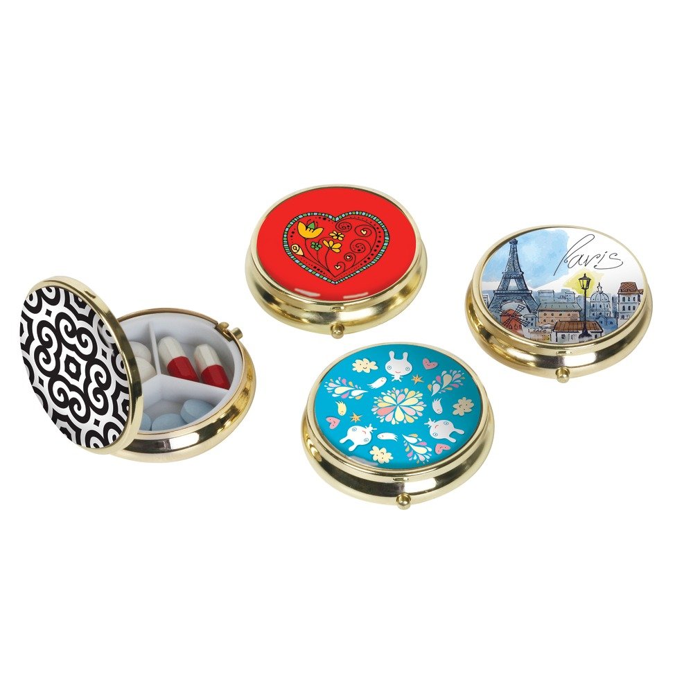 Ezy Dose Fashion Daily Round, Portable On-The-Go Pocket Pharmacy, Pill Box, Organizer And Vitamin Containers, Snap Shut Lids, Pe