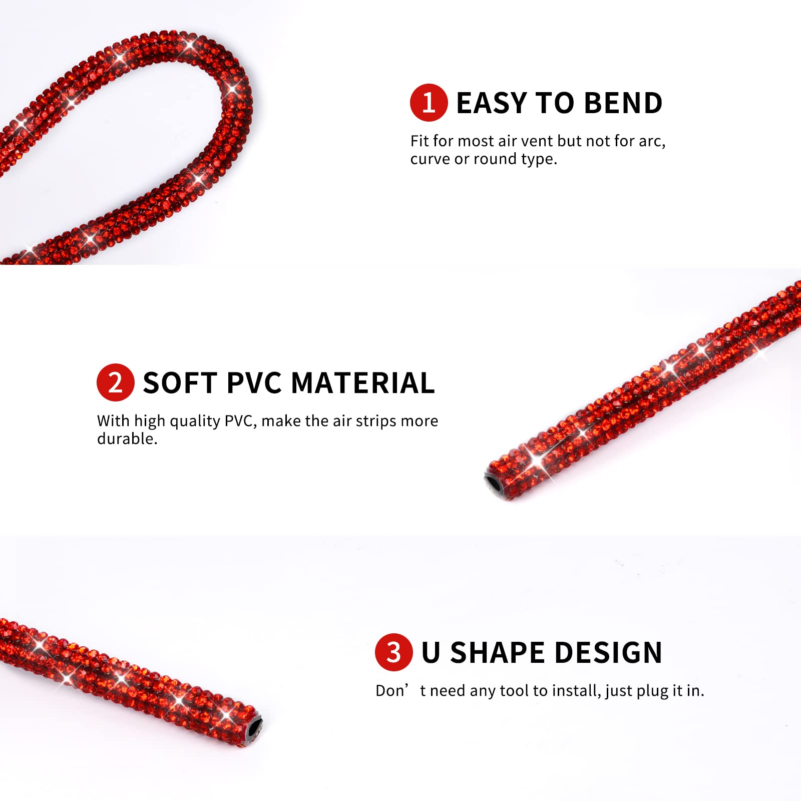 Insauto Bling Car Accessories For Women, Bling Car Vent Outlet Trim,10Pcs Diamond Car Air Conditioner Decoration Strips(Red)