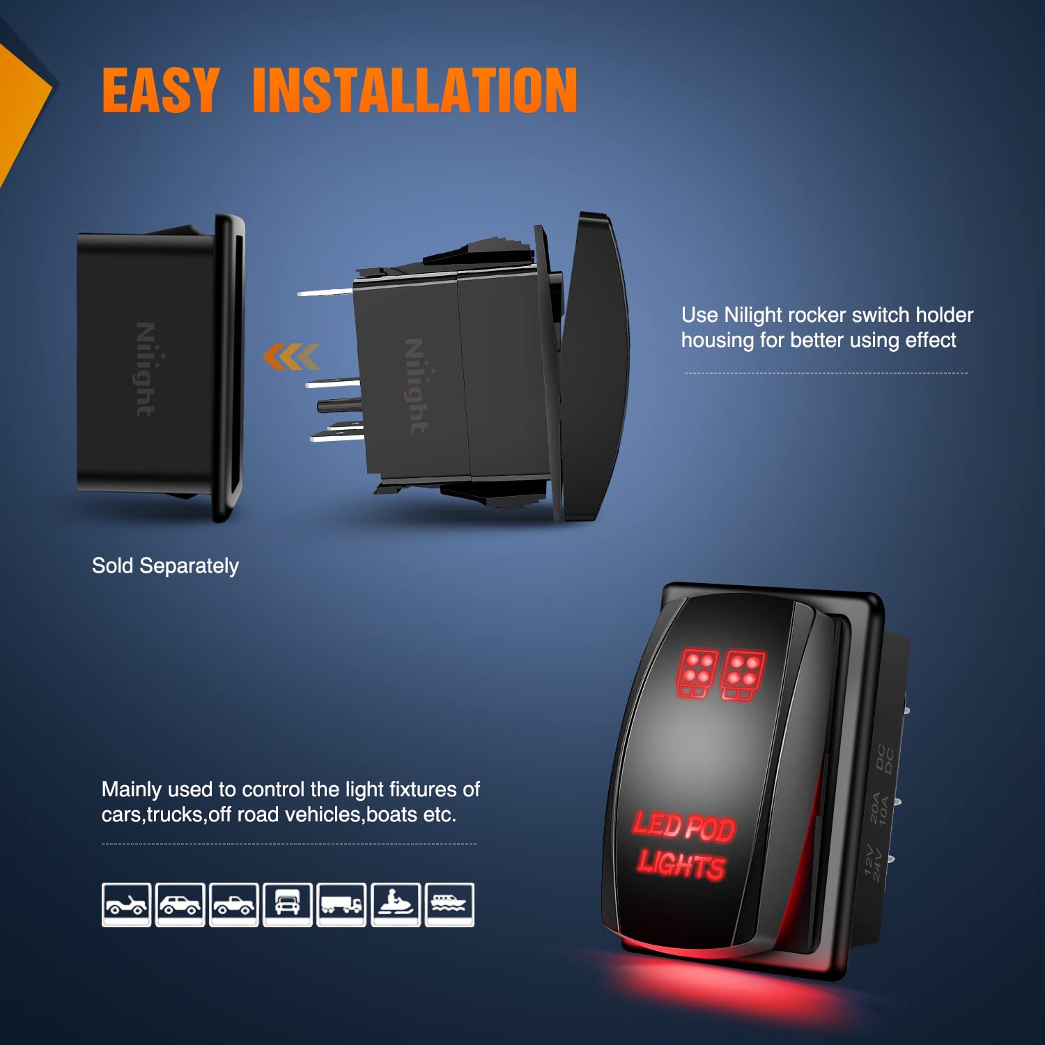 Nilight Led Pod Lights Rocker Switch Led Light Bar Switches 5Pin Laser On/Off Switches 20A/12V 10A/24V With Jumper Wires Set For