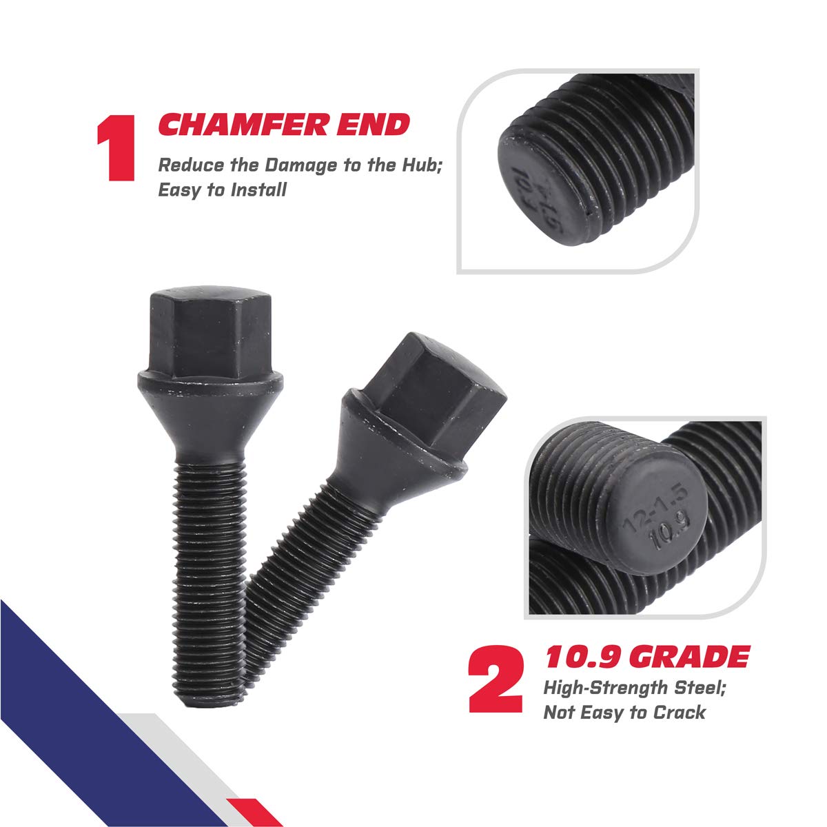 12X1.5Mm Tuner Lug Bolts, Ksp Conical Seat Extended 40Mm Shank 17Mm Hex For Aftermarket Wheels, 5Pcs Black