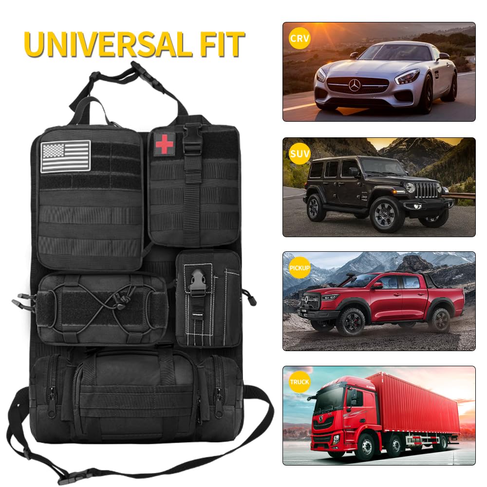 Banklif Universal Tactical Vehicle Seat Back Organizer Panel With 5 Detachable Molle Pouches - Medical, Phone, Storage Pouch, Su