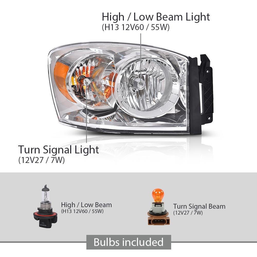 G-Plus Headlights Assembly W/Chrome Bezel Halogen,Fit For Dodge Ram 1500 2006-2008/Dodge Ram 2500 3500 2006-2009, Ch2502180 Ch25