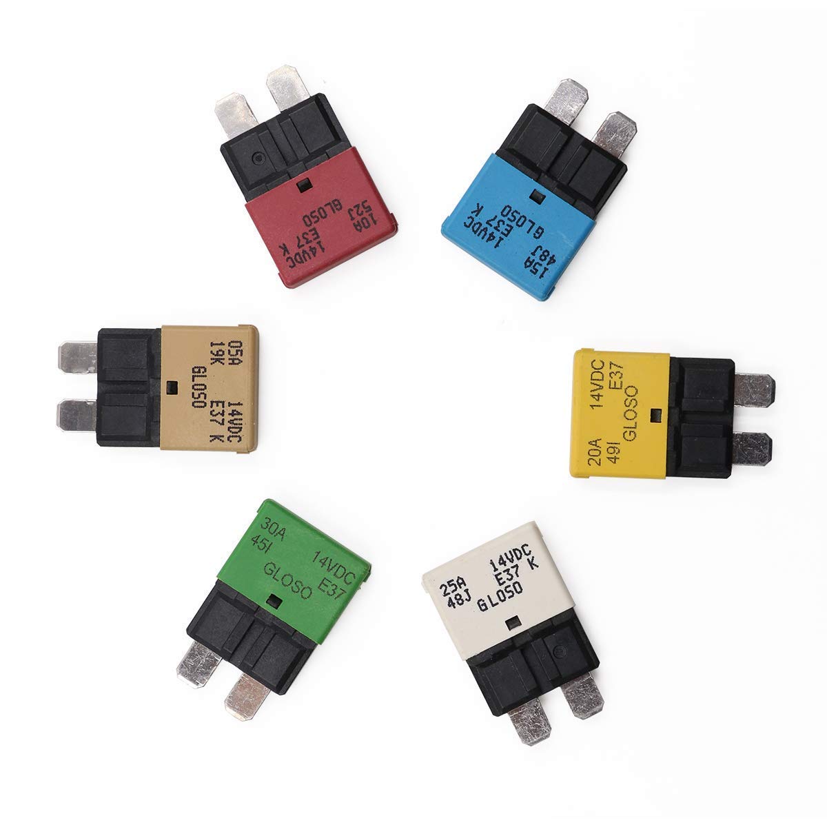 T Tocas E37 Auto (T1) Reset Low Profile Atc/Ato Circuit Breaker 5A 10A 15A 20A 25A 30A, 14V Dc (6Pcs Mixed)