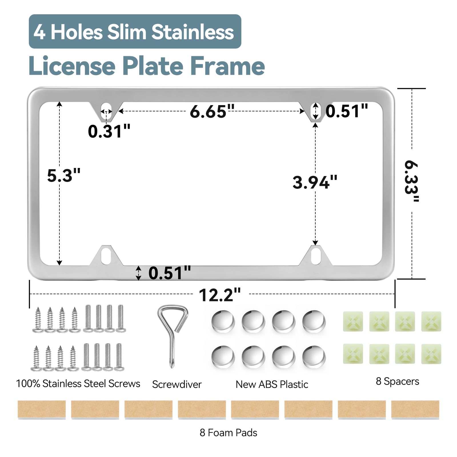 Ohuhu License Plate Frames, 2 Pcs 4 Holes Slim Stainless Steel Polish Mirror License Plate Frame + Chrome Screw Caps (Silver)
