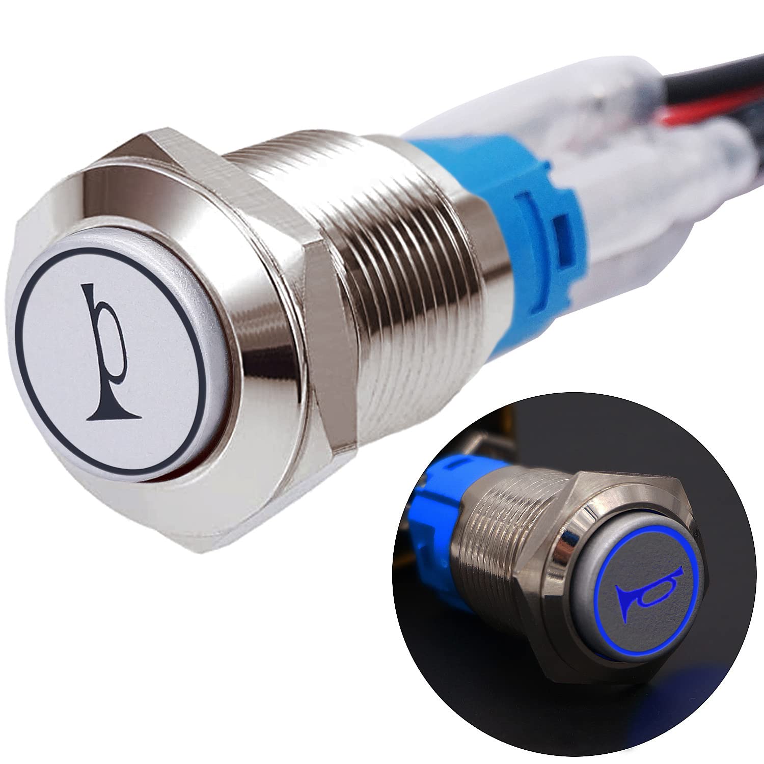 Twidec/16Mm Raised Speaker Horn Momentary Push Button Switch 5/8'' Mounting Hole 12V Blue Led Light Silver Stainless Steel Shell