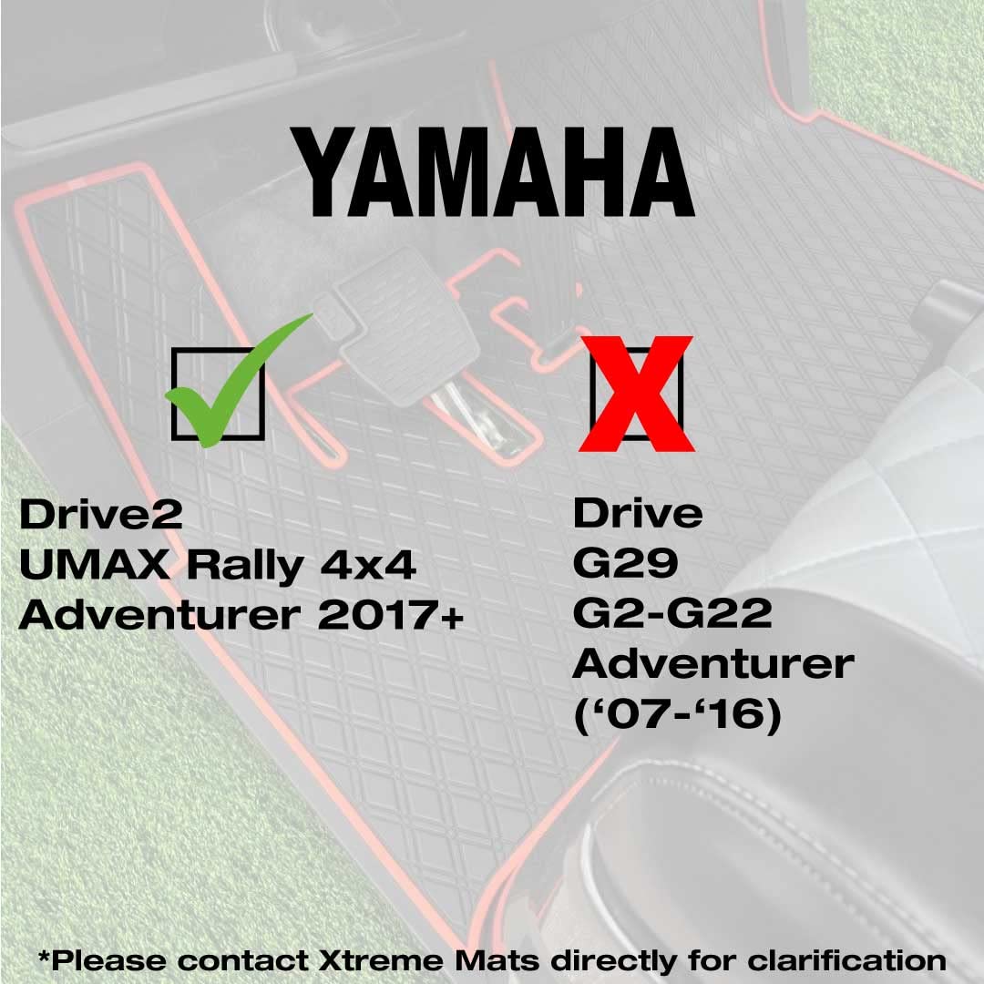 Xtreme Mats Yamaha Drive2 Golf Cart Mat, Full Coverage Golf Cart Floor Liner Mat - Fits Yamaha Drive2 Models Only (2017-2022)& Umax Rally 4X4 - Black With Red Trim